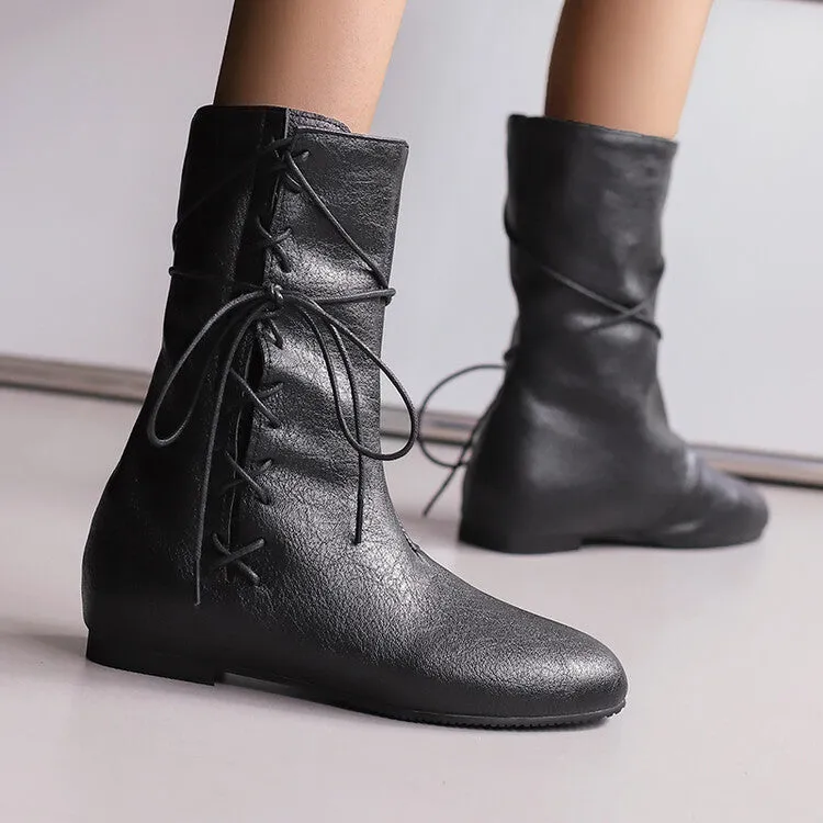 Women'S Lace-Up Round Toe Flat Mid Calf Boots