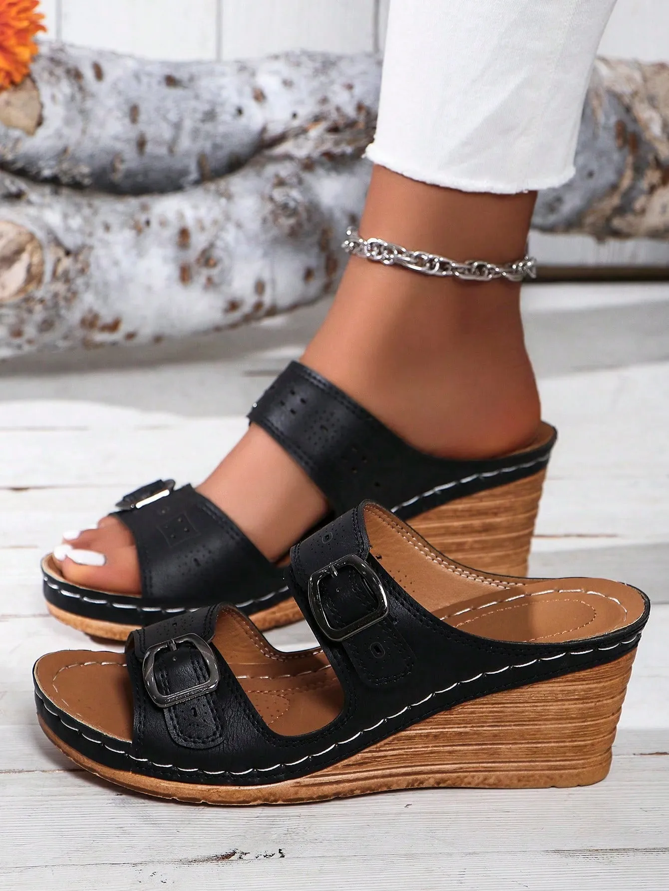 Women's New Summer Vintage Hollow Out Casual Versatile Anti-Slip Breathable Navy Blue Sandals, Buckle & Magic Sticker Design, Platform Wedge Mid Heel Slippers