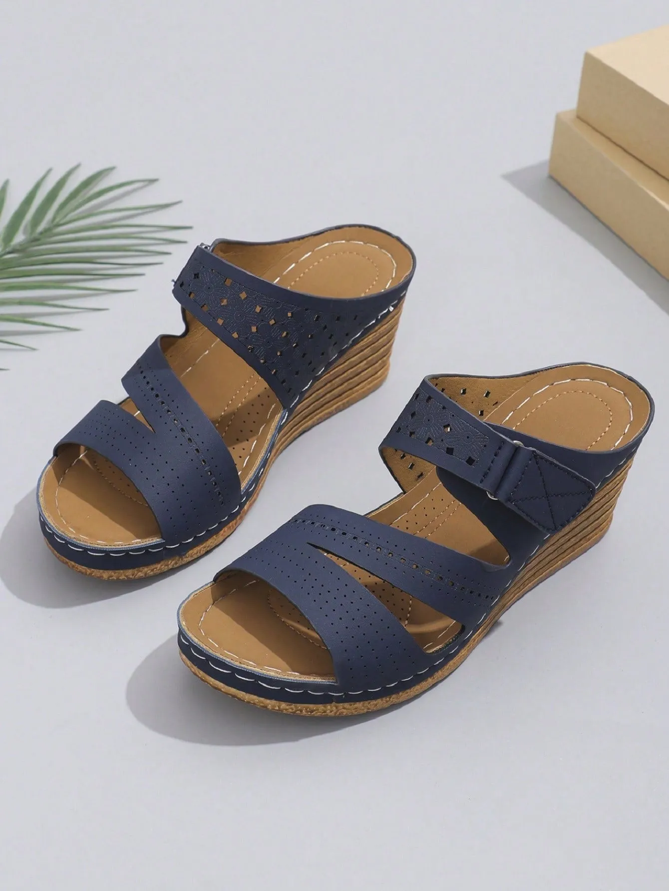 Women's New Summer Vintage Hollow Out Casual Versatile Anti-Slip Breathable Navy Blue Sandals, Buckle & Magic Sticker Design, Platform Wedge Mid Heel Slippers