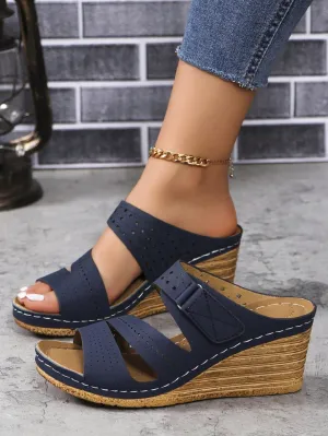 Women's New Summer Vintage Hollow Out Casual Versatile Anti-Slip Breathable Navy Blue Sandals, Buckle & Magic Sticker Design, Platform Wedge Mid Heel Slippers