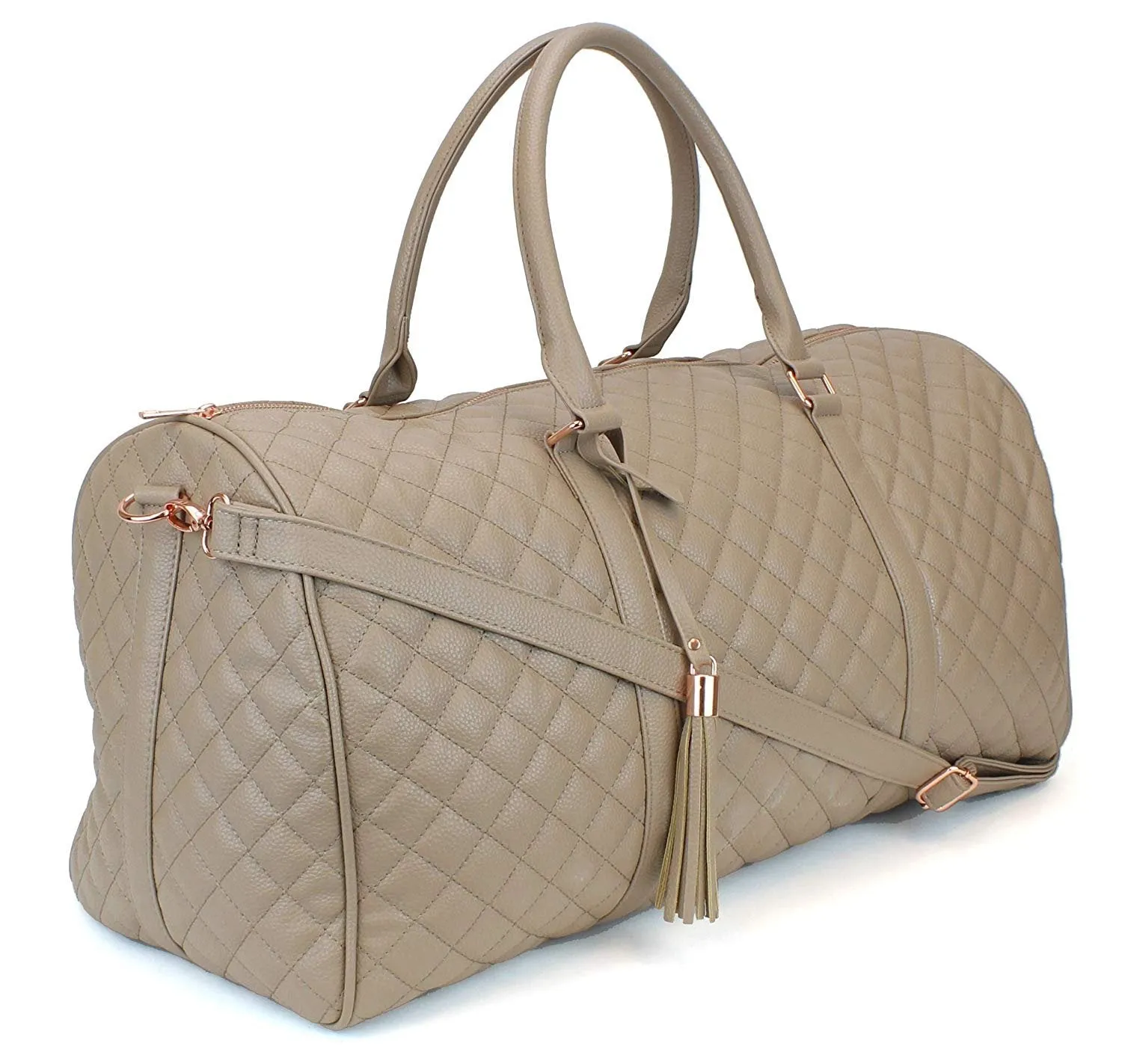 Women's Quilted Leather Weekender Travel Duffel Bag With Rose Gold Hardware - Large 22" Size - Cute Satin Inner Lining - Mauve