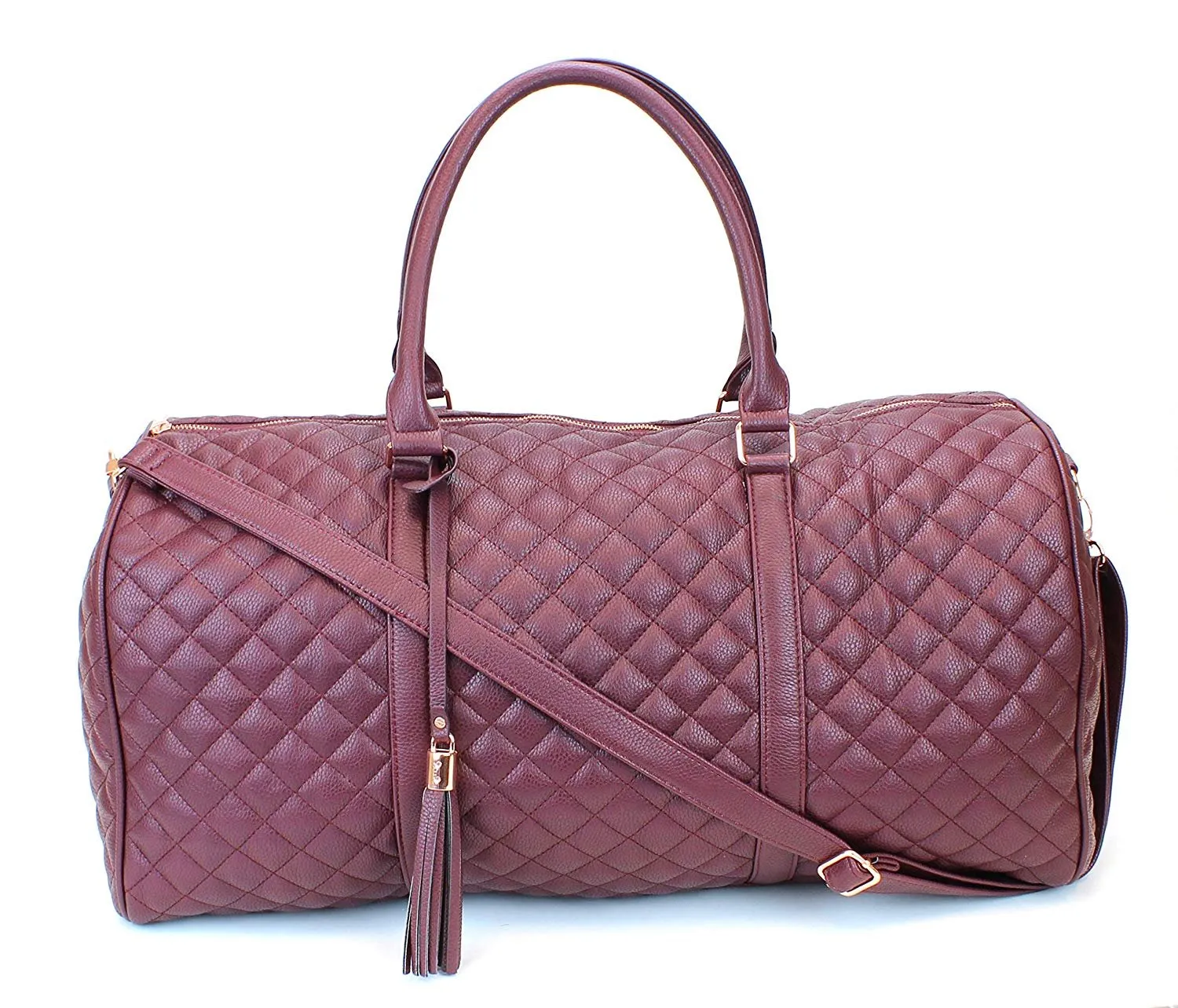Women's Quilted Leather Weekender Travel Duffel Bag With Rose Gold Hardware - Large 22" Size - Cute Satin Inner Lining - Mauve