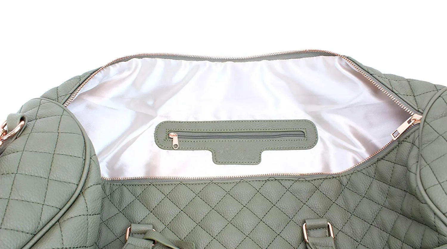 Women's Quilted Leather Weekender Travel Duffel Bag With Rose Gold Hardware - Large 22" Size - Cute Satin Inner Lining - Mauve