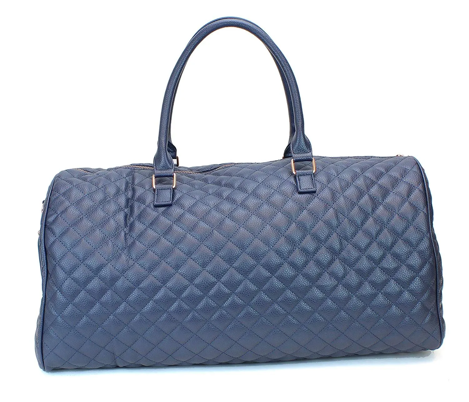 Women's Quilted Leather Weekender Travel Duffel Bag With Rose Gold Hardware - Large 22" Size - Cute Satin Inner Lining - Mauve
