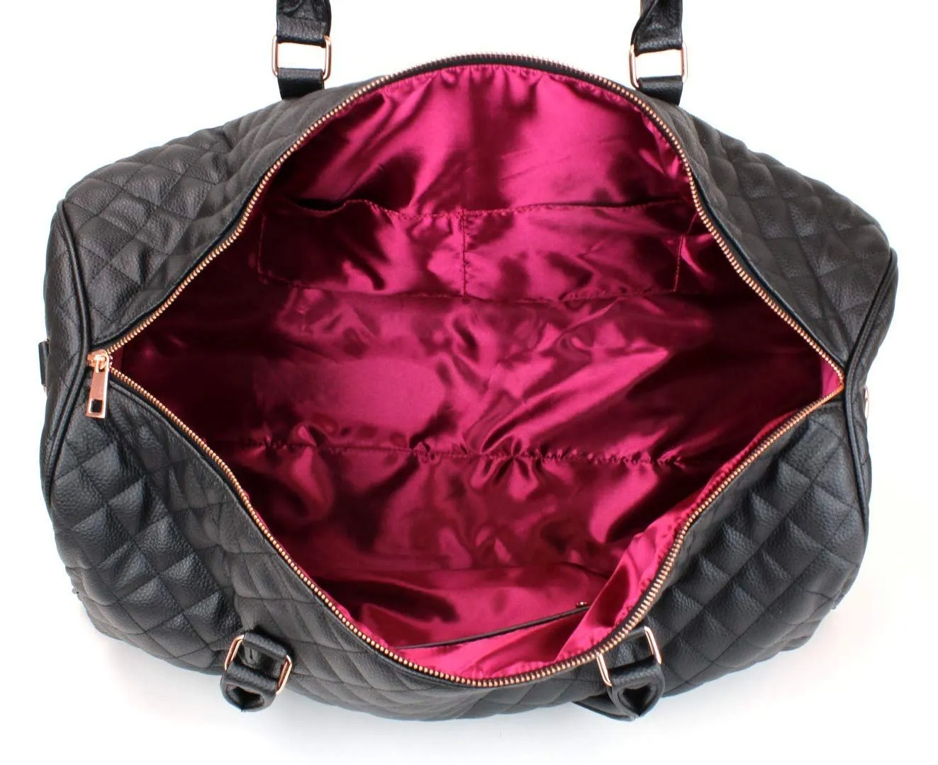 Women's Quilted Leather Weekender Travel Duffel Bag With Rose Gold Hardware - Large 22" Size - Cute Satin Inner Lining - Mauve