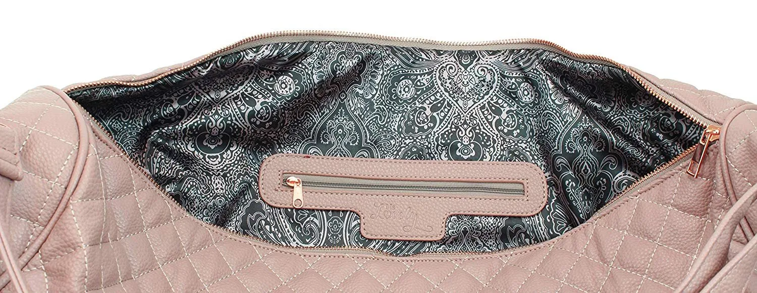 Women's Quilted Leather Weekender Travel Duffel Bag With Rose Gold Hardware - Large 22" Size - Cute Satin Inner Lining - Mauve