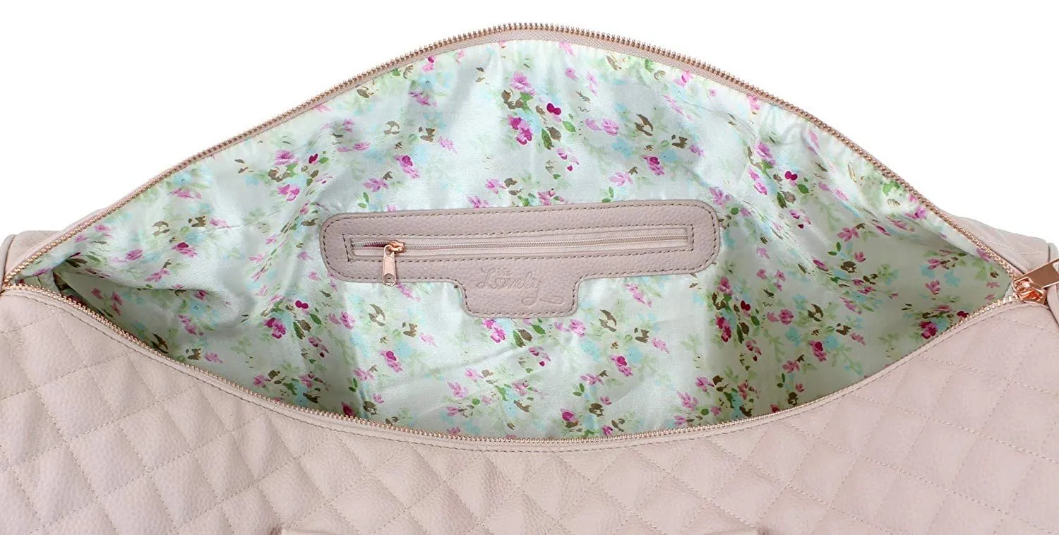 Women's Quilted Leather Weekender Travel Duffel Bag With Rose Gold Hardware - Large 22" Size - Cute Satin Inner Lining - Mauve