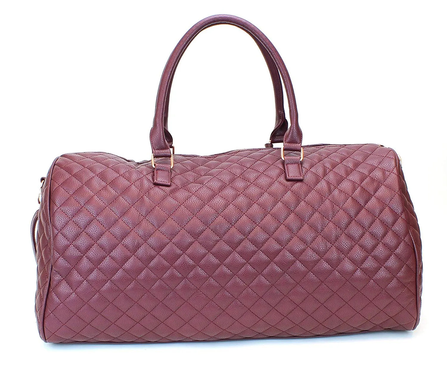 Women's Quilted Leather Weekender Travel Duffel Bag With Rose Gold Hardware - Large 22" Size - Cute Satin Inner Lining - Mauve