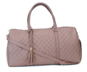 Women's Quilted Leather Weekender Travel Duffel Bag With Rose Gold Hardware - Large 22" Size - Cute Satin Inner Lining - Mauve