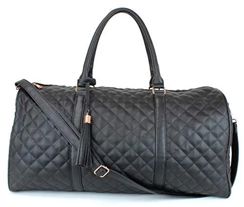 Women's Quilted Leather Weekender Travel Duffel Bag With Rose Gold Hardware - Large 22" Size - Cute Satin Inner Lining - Mauve