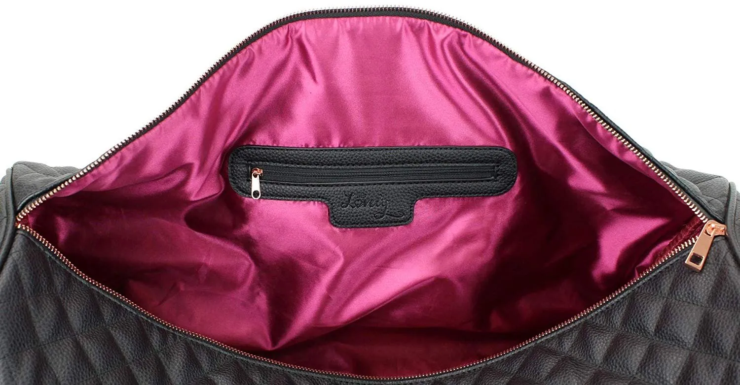 Women's Quilted Leather Weekender Travel Duffel Bag With Rose Gold Hardware - Large 22" Size - Cute Satin Inner Lining - Mauve