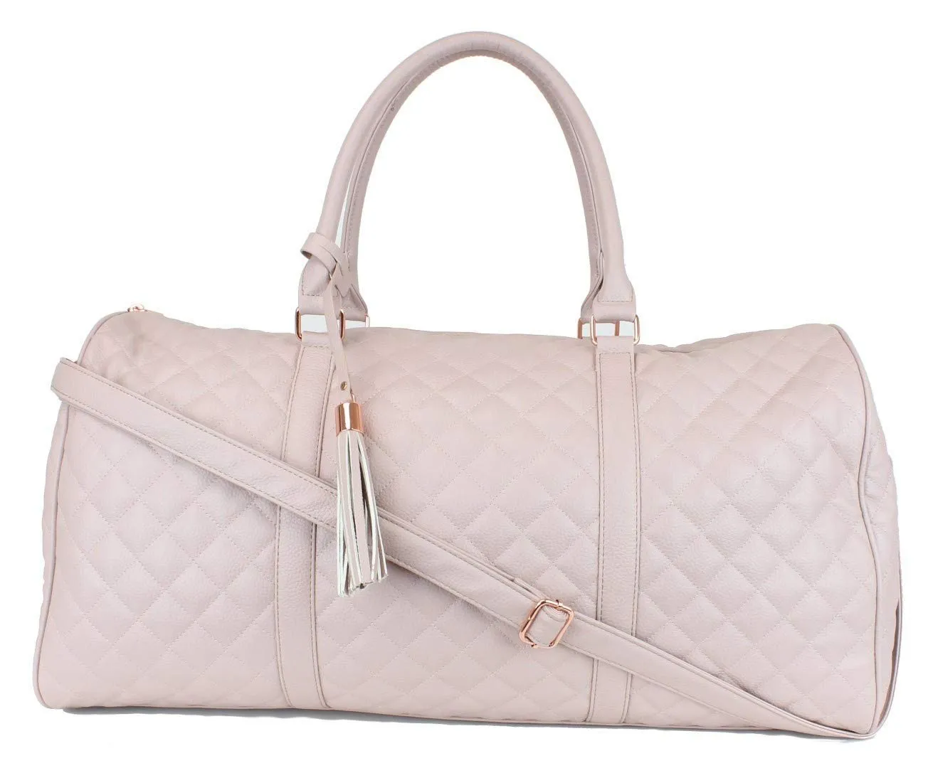 Women's Quilted Leather Weekender Travel Duffel Bag With Rose Gold Hardware - Large 22" Size - Cute Satin Inner Lining - Mauve