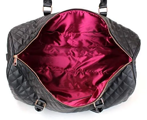 Women's Quilted Leather Weekender Travel Duffel Bag With Rose Gold Hardware - Large 22" Size - Cute Satin Inner Lining - Mauve