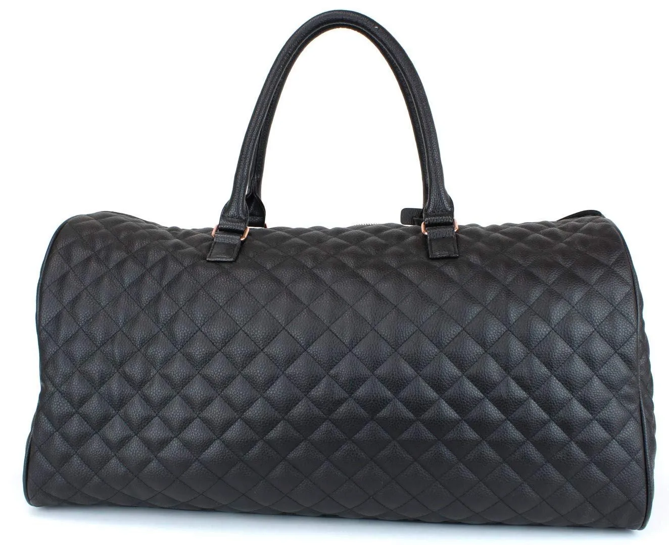 Women's Quilted Leather Weekender Travel Duffel Bag With Rose Gold Hardware - Large 22" Size - Cute Satin Inner Lining - Mauve