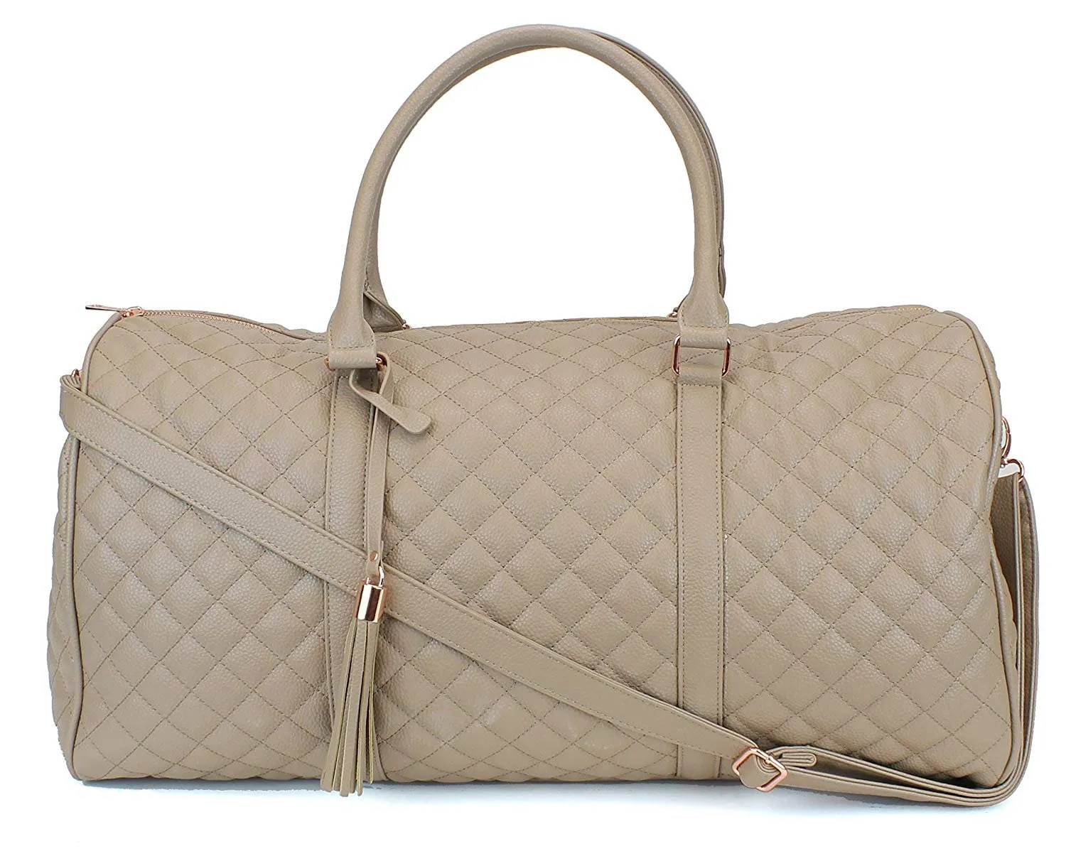 Women's Quilted Leather Weekender Travel Duffel Bag With Rose Gold Hardware - Large 22" Size - Cute Satin Inner Lining - Mauve