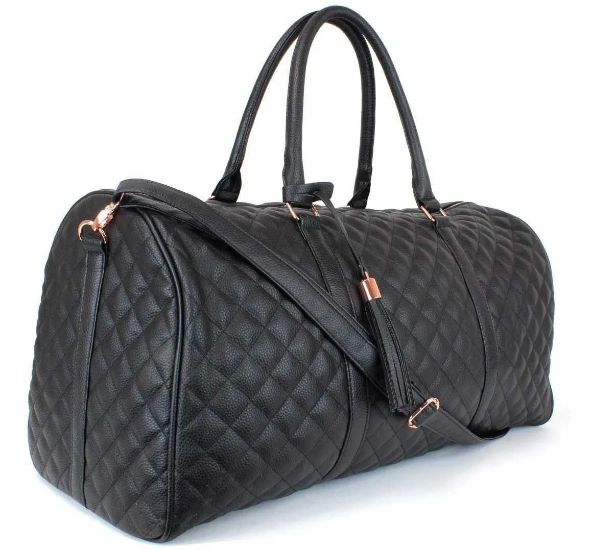 Women's Quilted Leather Weekender Travel Duffel Bag With Rose Gold Hardware - Large 22" Size - Cute Satin Inner Lining - Mauve