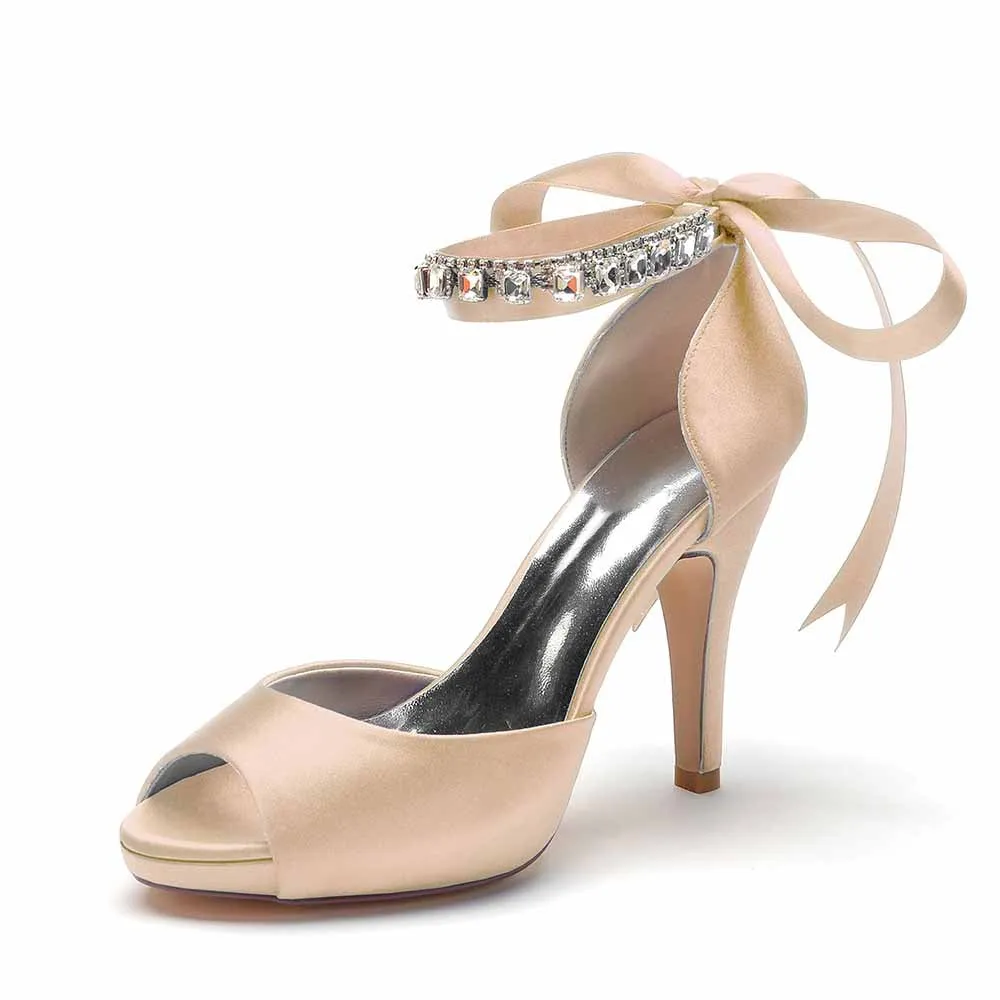 Women's Satin Peep-Toe Wedding Shoes Prom Heels Beaded Lace-Up Pumps