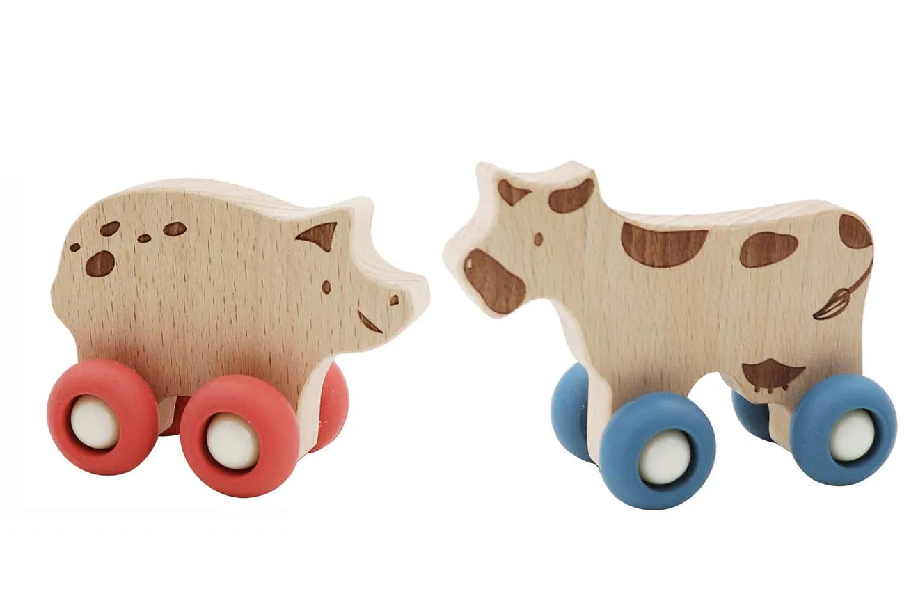 Wooden Ecowheel Farm Movers Set - Cow & Pig