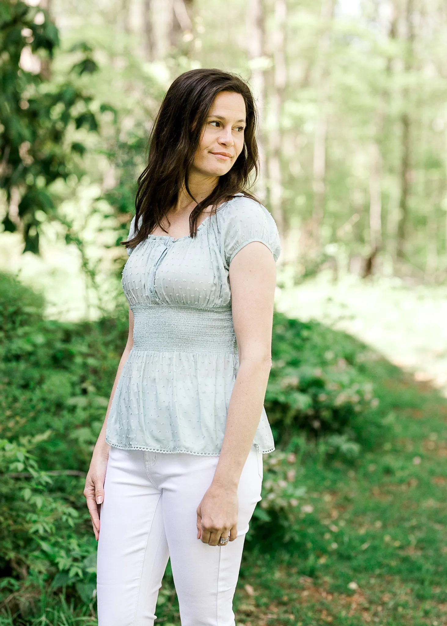 X Smocked Waist Sage Top