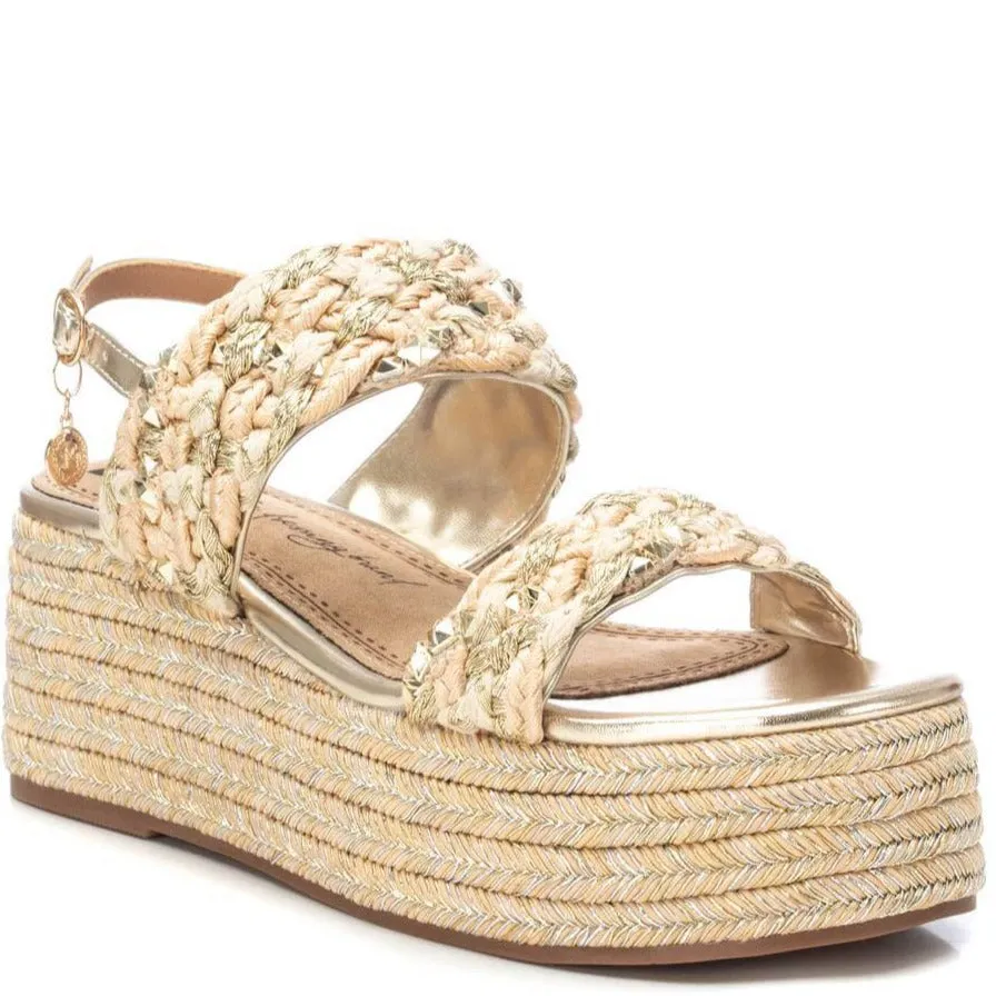 XTI Gold Natural Braided Flatform Sandals