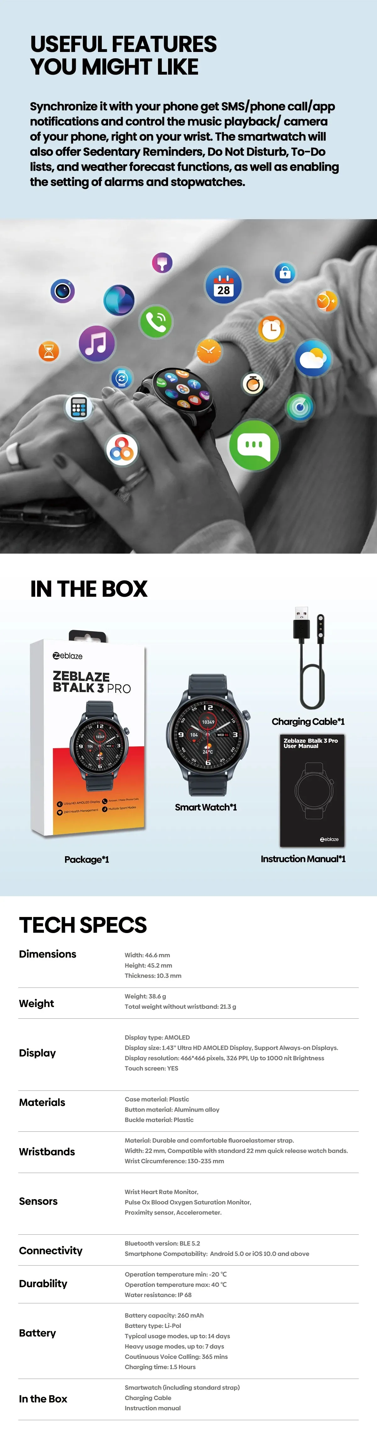 ZEBLAZE Btalk 3 Pro 3 1.43" Ultra HD AMOLED Smart Watch